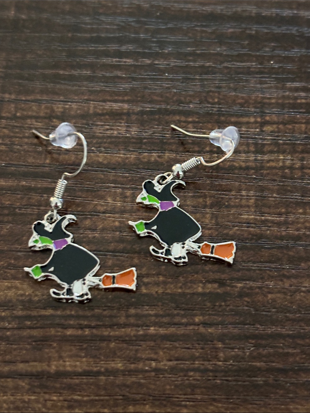 Halloween Witch Dangle Earrings - Black with Orange, Green & Purple
